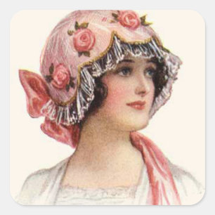 Vintage-Frau und Hut-Aufkleber Quadratischer Aufkleber
