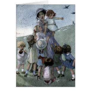 Vintage - Frau und Kinder auf einer Wiese,