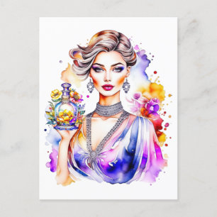 Vintage Frau und Parfümflasche Postkarte