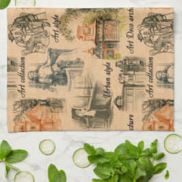 Vintage Frauen im Stadtrat Zeichnend Geschirrtuch