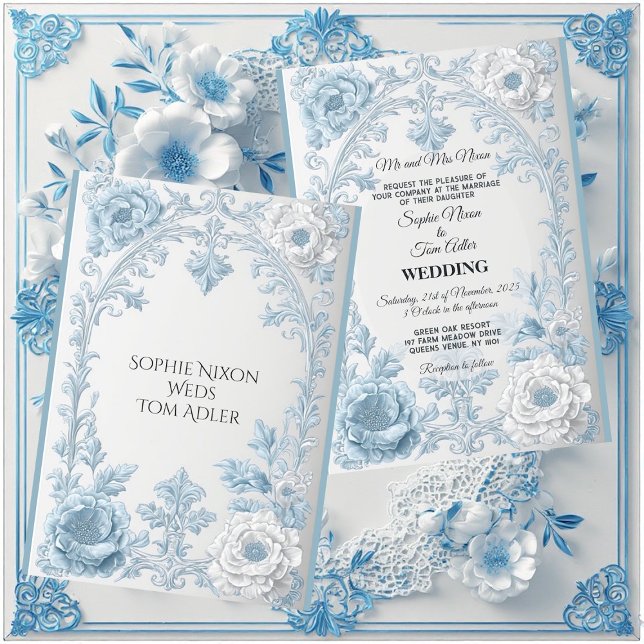 Vintage French Country Floral Blue White Wedding   Einladung (Vintage French Country Floral Blue White Wedding Invitation)