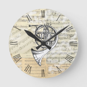 Vintage French Horn Music Clock Runde Wanduhr