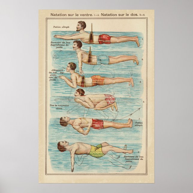 Vintage French Swimming Lessons Poster (Vorne)