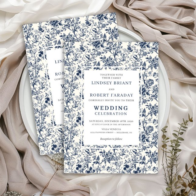 Vintage French Toile Blue Romantic Wedding Invite Einladung (Vintage French Toile Blue Romantic Wedding Invitation)