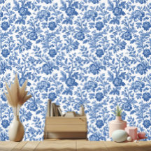 Vintage French Toile Botanical Blue Floral Motifs 