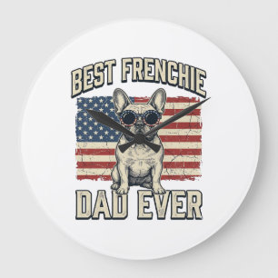 Vintage Frenchie Papa Amerikanische Flagge Große Wanduhr