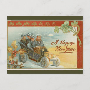 Vintage Freunde in einem altmodischen Auto Neujahr Postkarte