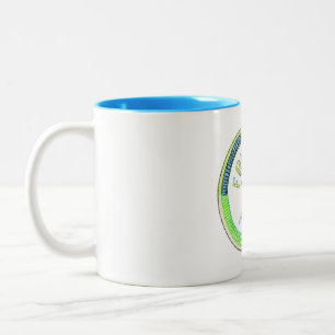 Vintage-Frisbie-Pie-Tasse in Blau- und Grüntönen Zweifarbige Tasse