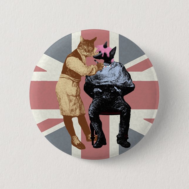 Vintage Friseur-Katze und Hund Button (Vorderseite)