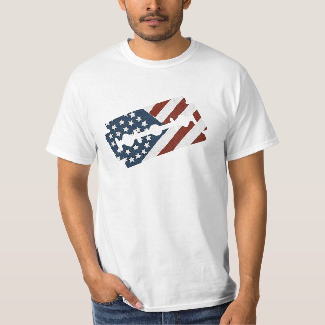 Vintage Friseur-Rasierklingen-amerikanische Flagge T-Shirt (Vorderseite)