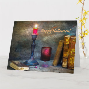 Vintage Frohe Halloween rote Kerze & alte Bücher Karte