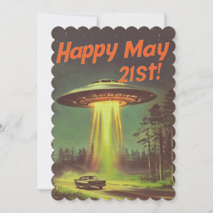 Vintage Frohe May 21st UFO und Auto auf dem Feld Einladung