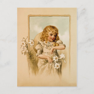 Vintage Frohe Ostern Landmädchen und Küken Feiertagspostkarte
