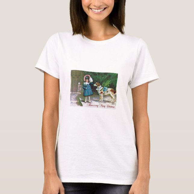 Vintage frohe Weihnacht-Kinder und Hunde T-Shirt (Vorderseite)