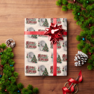 Vintage "Frohe Weihnachten" Baum im Fenster Geschenkpapier
