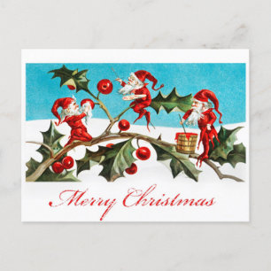 Vintage Frohe Weihnachten Elfen Roter Stechpalme Postkarte
