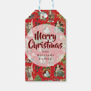Vintage Frohe Weihnachten Festliches Rot Familienn Geschenkanhänger