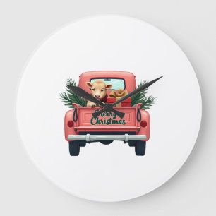 Vintage Frohe Weihnachten Highland-Kuh in rosa Bau Große Wanduhr