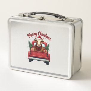 Vintage Frohe Weihnachten Highland-Kuh Roter LKW H Metall Brotdose