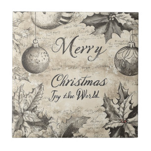 Vintage Frohe Weihnachten Holly & Ornamente (1) Fliese