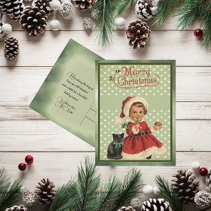 Vintage Frohe Weihnachten Mädchen rotes Kleid schw