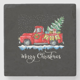 Vintage Frohe Weihnachten Roter LKW Altmodisch Ch Steinuntersetzer