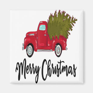 Vintage Frohe Weihnachten Roter LKW mit einem Tann Magnet