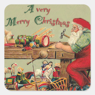 Vintage Frohe Weihnachten Santas Werkstatt Quadratischer Aufkleber