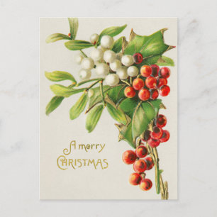 Vintage Frohe Weihnachten Stechpalmenzweig Kunst Postkarte