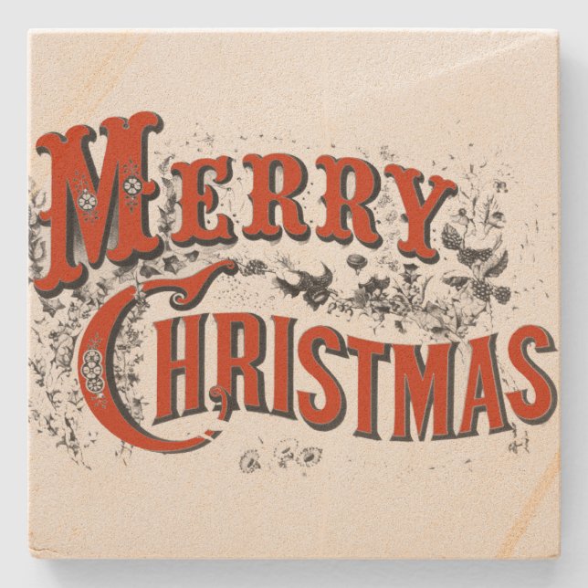 Vintage frohe Weihnachten Steinuntersetzer (Vorderseite)