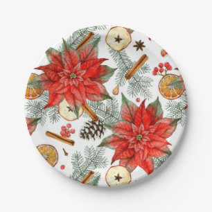 Vintage Frohe Weihnachten Wasserfarbe Rote Poinset Pappteller