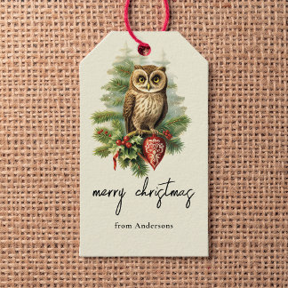 Vintage Frohe Weihnachten Winterwald Eule Name Geschenkanhänger