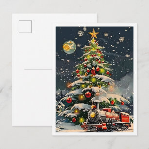 Vintage Frohe Weihnachten Zug und Weihnachtsbaum Postkarte