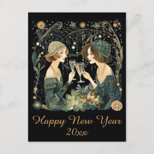 Vintage Frohes Neues Jahr Art Deco Damen Postkarte