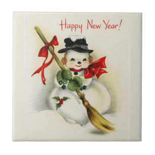 Vintage Frohes Neues Jahr Schneemann Fliese