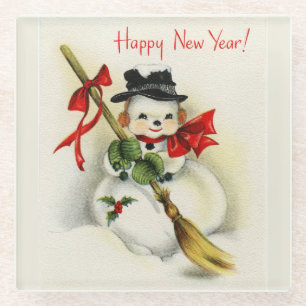 Vintage Frohes Neues Jahr Schneemann Glasuntersetzer