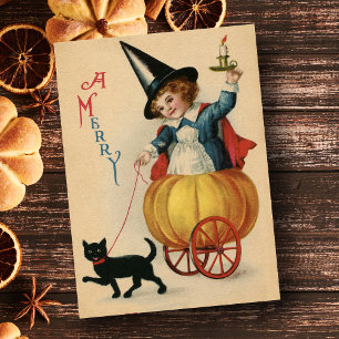Vintage fröhliche Halloween-Hexe mit Katze Feiertagspostkarte