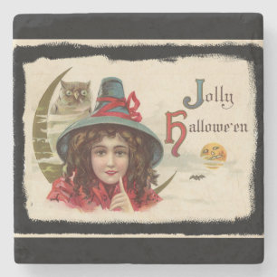 Vintage fröhliche Halloween-Hexe Steinuntersetzer