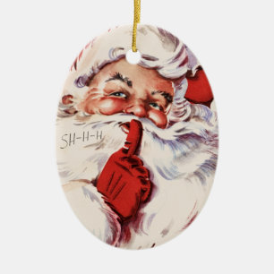 Vintage fröhlicher alter Santa Shhh Beige Ovaler W Keramik Ornament