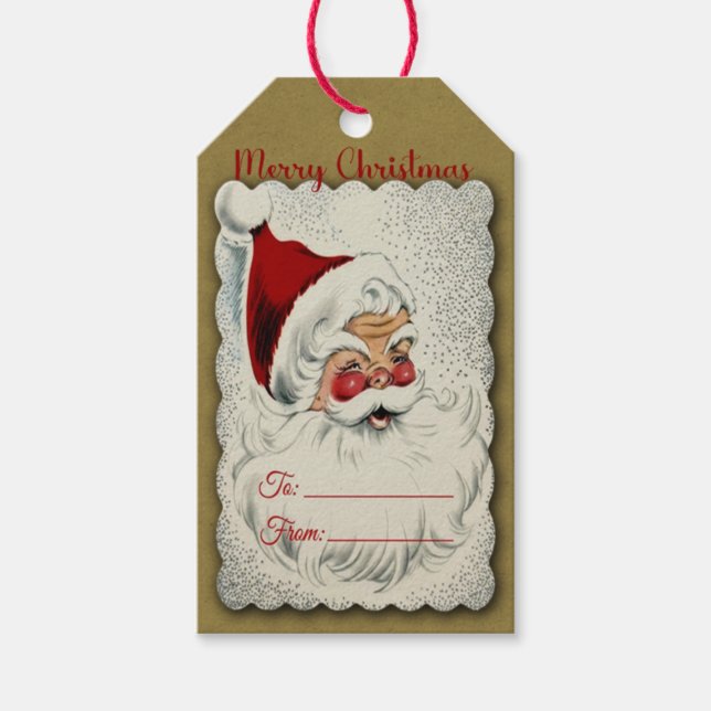 Vintage fröhlicher Weihnachtsmann Geschenkanhänger (Vorderseite)