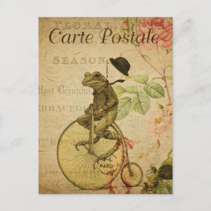 Vintage Frosch fährt Fahrrad rosa Rosen Französisc Postkarte