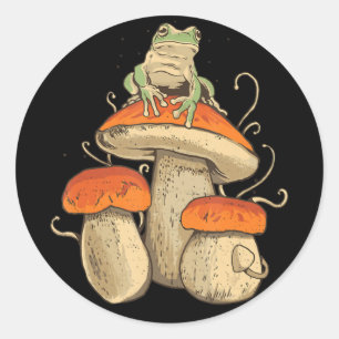 Vintage Frosch mit Pilzen Cottagecore Runder Aufkleber