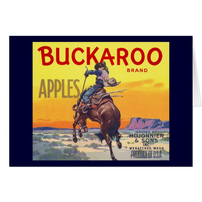 Vintage-Fruchkisten-Etikettenkunst, Buckaroo-Äpfel (Vorderseite (Horizontal))