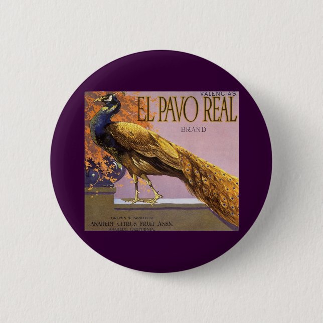 Vintage-Fruchkisten-Etikettenkunst El Pavo Pfau Vo Button (Vorderseite)
