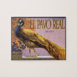 Vintage-Fruchkisten-Etikettenkunst El Pavo Pfau Vo Puzzle