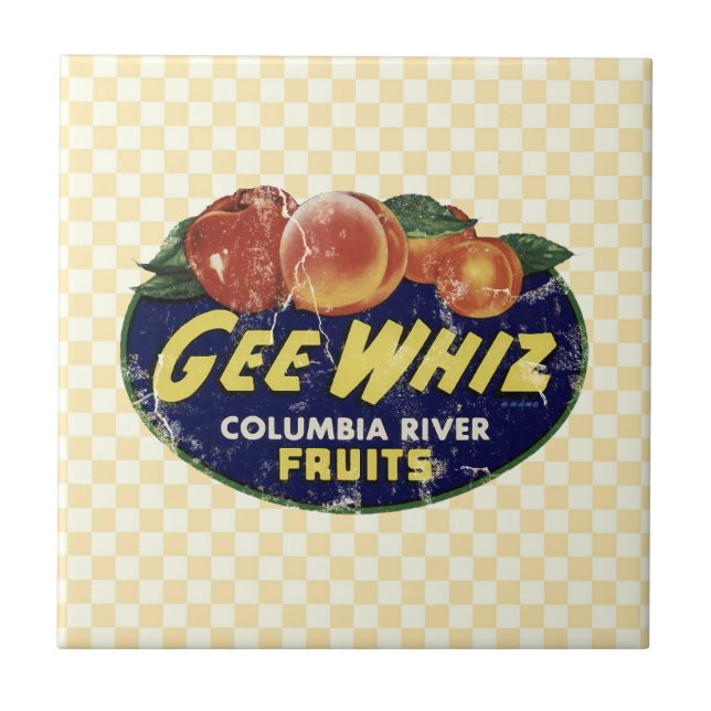 Vintage Frucht-Aufkleber-Pfirsiche, lustiger Gee Fliese (Vorderseite)