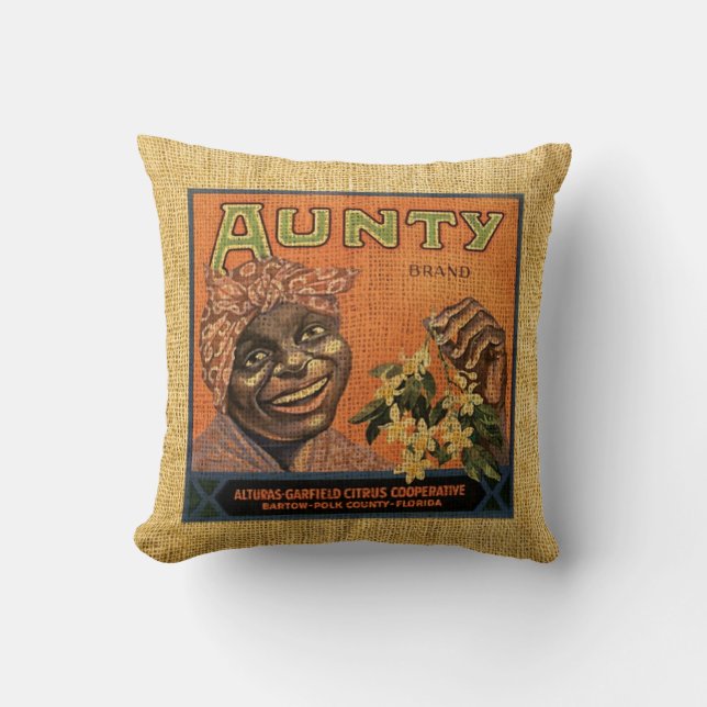Vintage Frucht-Aufkleber-Tante und Smokey Jim Kissen (Vorderseite)
