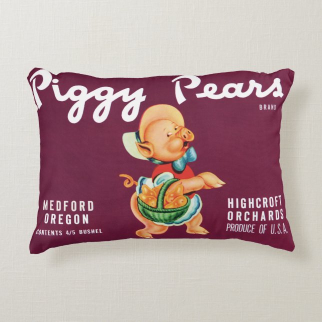 Vintage-Fruchtkisten-Etikettenkunst mit Piggy Birn Dekokissen (Vorderseite)