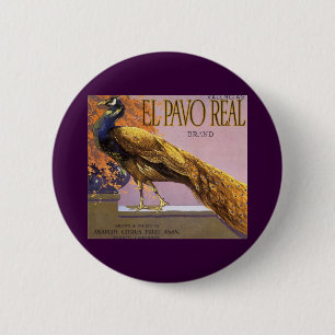 Vintage-Fruchtkistenetikett-Kunst El Pavo Pfau Vog Button