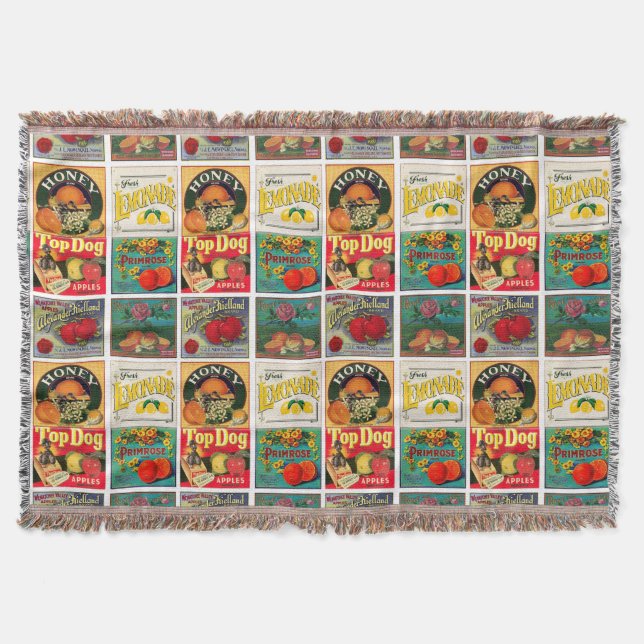 Vintage-Fruchtlabel-Muster Decke (Vorderseite)